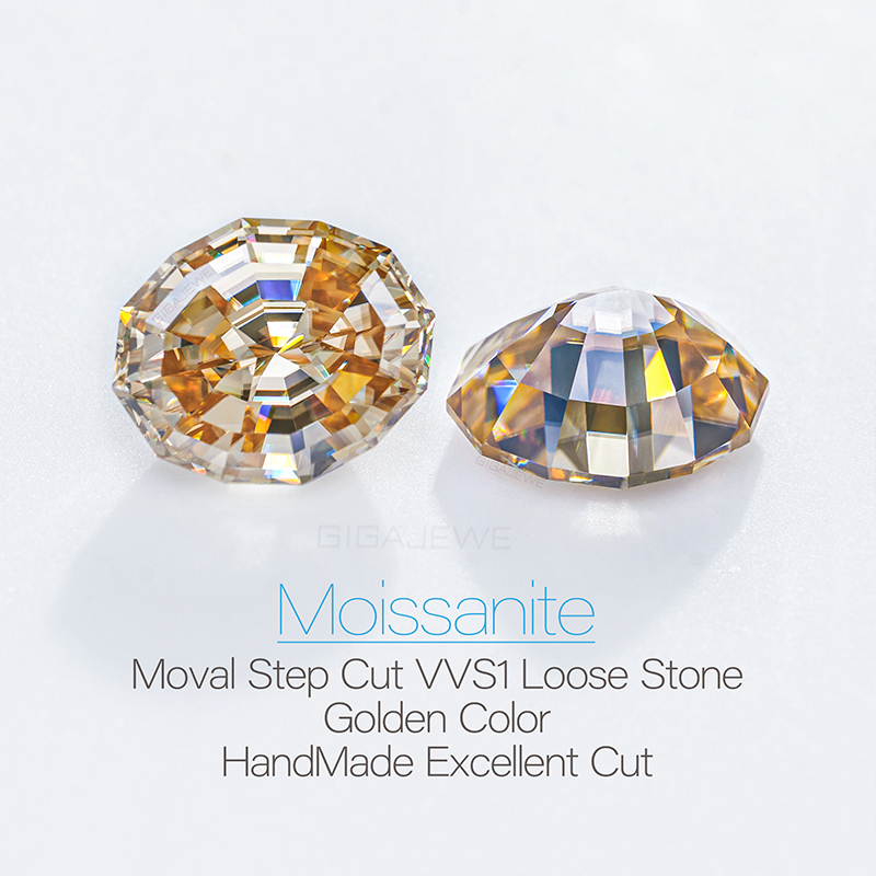 GIGAJEWE Gold color Moval Oval Step Cut 8*10mm 3.0ct Moissanite Loose VVS1 Synthetic gemstone t With Certificate For Jewelry Making