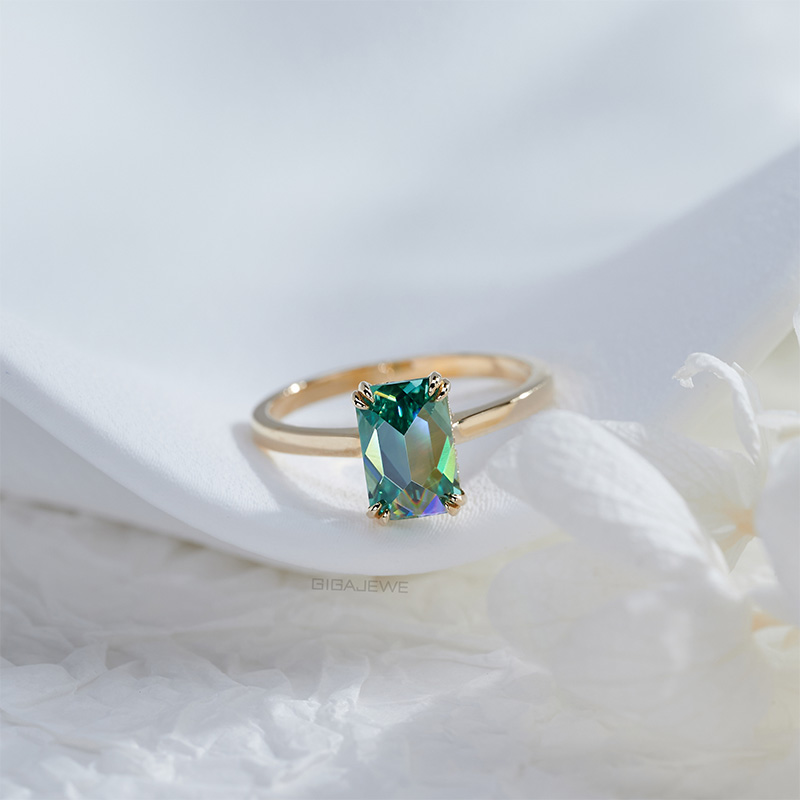 GIGAJEWE 1.2ct 6*9mm Emerald cut Rose Cut Cyan Color 9K/14K/18K solid Yellow gold Moissanite Ring, Engagement Ring Wedding Ring
