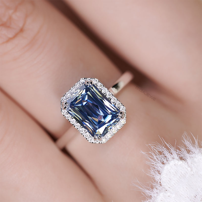 GIGAJEWE 3.0ct 7*9mm Criss Cut Blue Color 9K/14K/18K solid White gold Moissanite Ring, Engagement Ring Wedding Ring