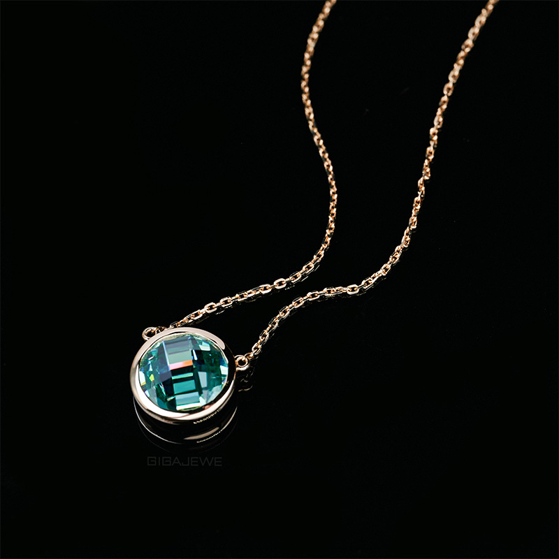 GIGAJEWE 3.5ct Rose Gold 9K/14K/18K Necklace 10mm Round Rose cut Cyan Color Moissanite Necklace ,Gold Necklace,Women Gifts