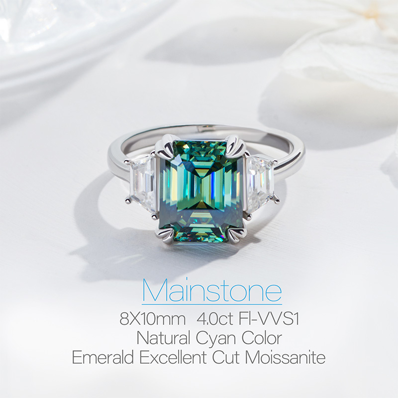 GIGAJEWE Moissanite Emerald Cut Natural Cyan 8X10mm 4.0ct S925 Silver Ring Diamond Test Passed Woman Wife Gift With GRA