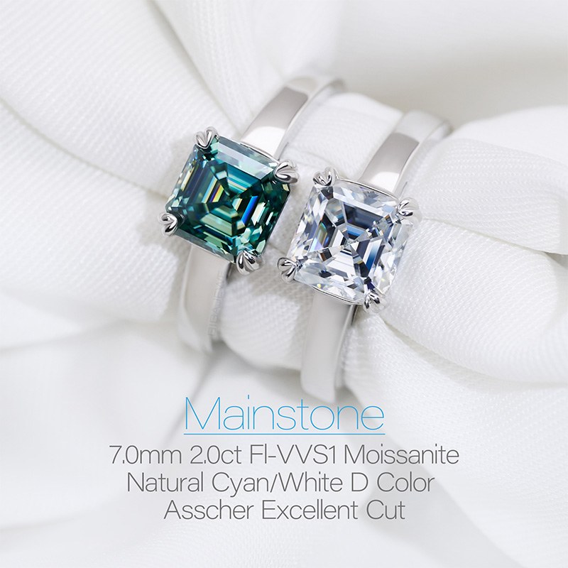 GIGAJEWE 2.0ct 7mm D and Cyan Asscher 18K White Gold Plated 925 Silver Moissanite Ring Diamond Test Passed Jewelry Woman Girl Gift