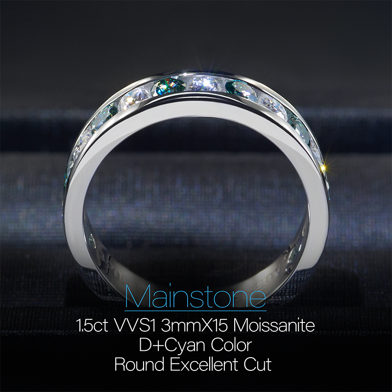 GIGAJEWE Mainstone 1.5ct 3.0mm D and Cyan Color Moissanite Round Cut VVS1 18K White Gold Ring Jewelry Man Boyfriend Gift