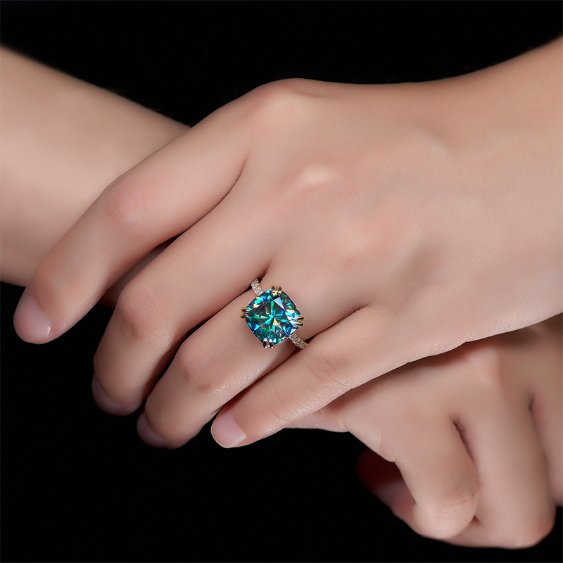 7.3CT Cushion cut Cyan Blue Color 9K/14K/18K solid Rose gold Moissanite Ring, Engagement Ring Wedding Ring