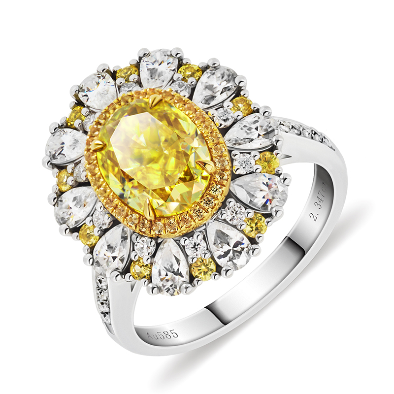GIGAJEWE Total 3.5ct 7X9mm Vivid Yellow Color Crushed Oval Cut Moissanite VVS1 18K White Gold Ring Jewelry Girl Gift