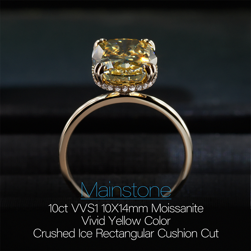 GIGAJEWE 10.0ct 10x14mm Vivid Yellow Color Moissanite VVS1 Crushed Ice Rectangular Cushion Cut 18K Yellow Gold Ring Jewelry