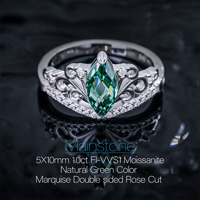 GIGAJEWE 1.0ct 5x10mm Rose Cut Marquise Cut Cyan color 18K White Gold Plated 925 Silver Moissanite Ring Diamond Test Passed Jewelry Woman Girl Gift