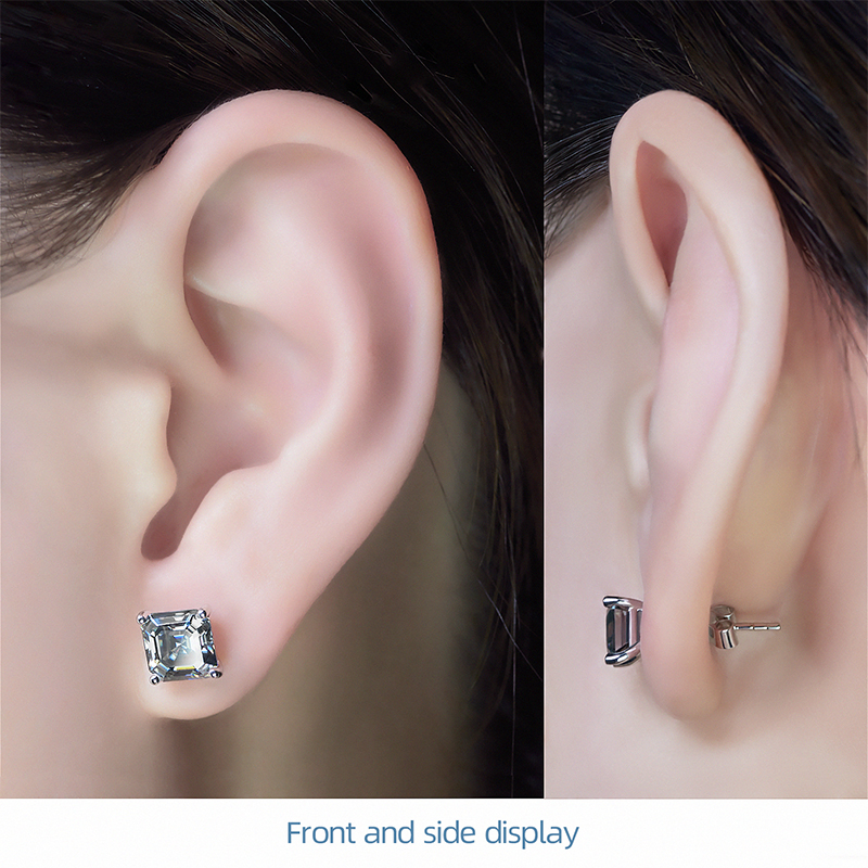4.0 CT 7mm Gray color Asscher Cut 18k White Gold Stud Earring Push Back , Moissanite Stud Earrings, White Sapphire Earrings, Unisex Earrings