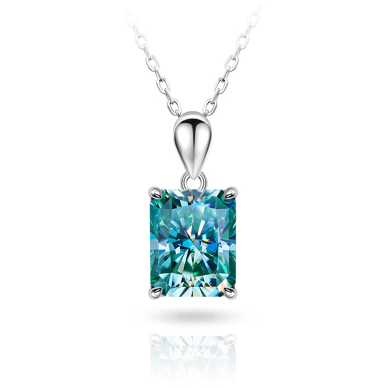 GIGAJEWE 8*10mm 4.0ct 925 Sterling Silver Necklace Radiant Cut Blue Green Color Moissanite Necklace , Silver Necklace