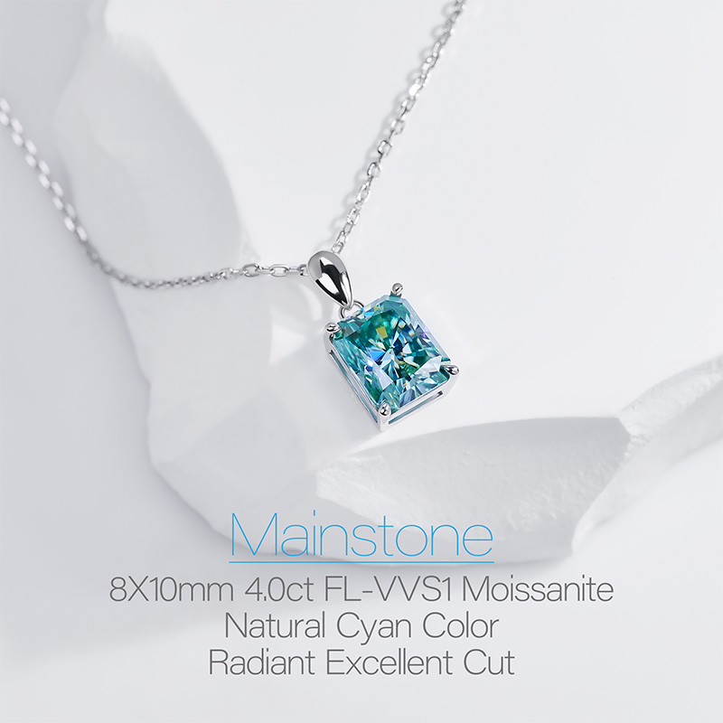 GIGAJEWE 8*10mm 4.0ct 925 Sterling Silver Necklace Radiant Cut Blue Green Color Moissanite Necklace , Silver Necklace