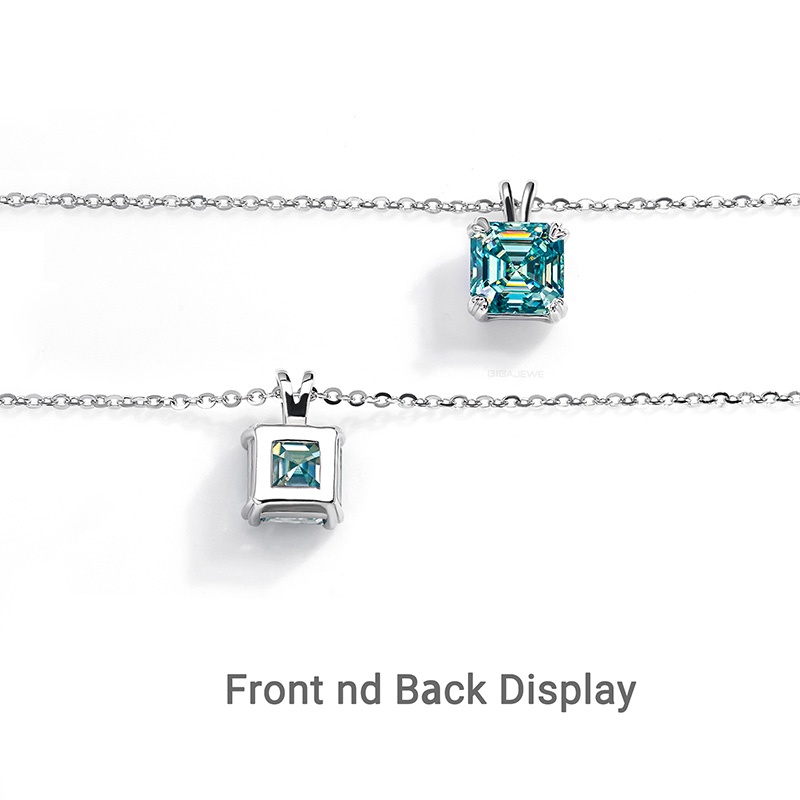 GIGAJEWE 7mm 2.0ct 925 Sterling Silver Necklace Asscher Cut Blue Green Color Moissanite Necklace , Silver Necklace