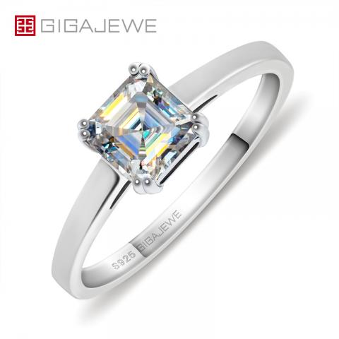 GIGAJEWE 0.8ct 5.5mm EF Asscher 18K White Gold Plated 925 Silver Moissanite Ring Diamond Test Passed Jewelry Woman Girl Gift