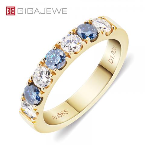 GIGAJEWE Total 0.7ct 3mmX7 D And Blue Color Moissanite VVS1 Round Cut 18K Yellow White Gold Ring Jewelry Woman Girlfriend Gift