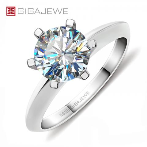 GIGAJEWE 8.0mm 2.0ct EF Round 18K White Gold Plated 925 Silver Moissanite Ring Diamond Test Passed Jewelry Gift
