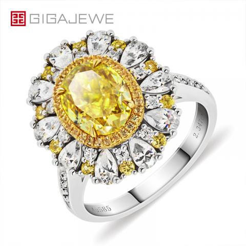 GIGAJEWE Total 3.5ct 7X9mm Vivid Yellow Color Crushed Oval Cut Moissanite VVS1 18K White Gold Ring Jewelry Girl Gift