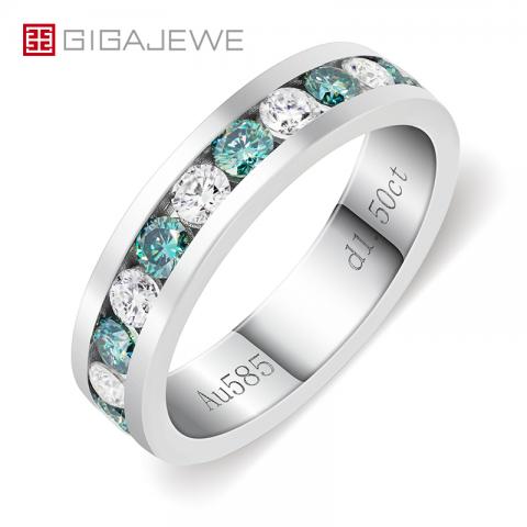 GIGAJEWE Mainstone 1.5ct 3.0mm D and Cyan Color Moissanite Round Cut VVS1 18K White Gold Ring Jewelry Man Boyfriend Gift