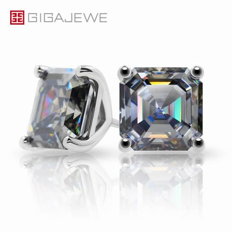 GIGAJEWE - Moissanite Earrings, 4ct, 7.0mm, Gray VVS1 Asscher, 18K Gold, Personalized Jewelry, Gift for Wife and Girlfriend, Love Token