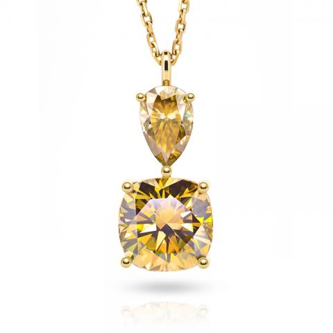 GIGAJEWE Total 4.5ct 9.0mm Cushion Cut Fancy Yellow Brown Color Moissanite VVS1 18K Gold Necklace Jewelry Girlfriend Gift