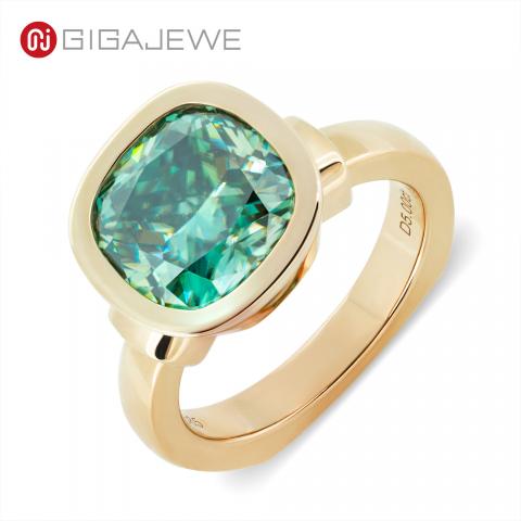 GIGAJEWE Customized Jewelry 5.0ct 10x10mm Green Color Moissanite VVS1 Cushion Cut 18K Yellow Gold Ring Fashion Women Girl Gift
