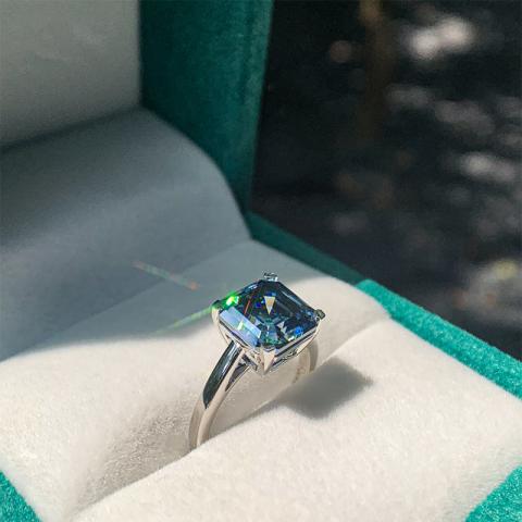 GIGAJEWE 3.5ct Vivid Blue Uncoated color 9mm Asscher Cut Ring Moissanite 9K/14K/18K White Gold ,Moissanite Ring, Engagement Ring