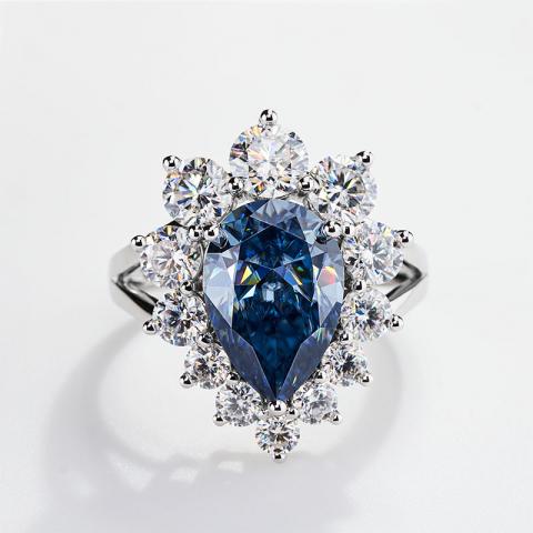 GIGAJEWE 5ct Vivid Blue Uncoated color 9*13mm Pear Cut Ring Moissanite 9K/14K/18K White Gold , Pear Moissanite Ring, Engagement Ring