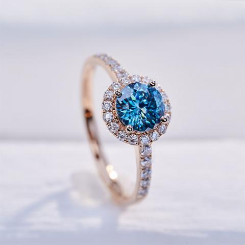 GIGAJEWE 6.5MM 1.0ct Blue color 9K/14K/18K Rose Gold Ring Portuguese Cut Blue Color Moissanite Ring , Gold Anniversary Ring,Christmas Gift