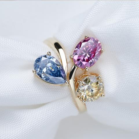 GIGAJEWE 4ct Pink Yellow Blue color 9K/14K/18K Yellow Gold Ring Round Oval Pear Cut Moissanite Ring , Gold Anniversary Ring,Christmas Gift
