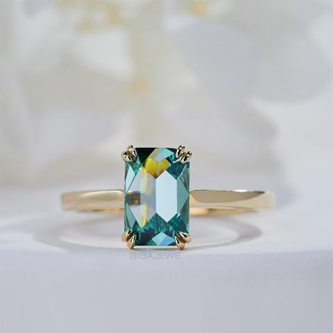 GIGAJEWE 1.2ct 6*9mm Emerald cut Rose Cut Cyan Color 9K/14K/18K solid Yellow gold Moissanite Ring, Engagement Ring Wedding Ring