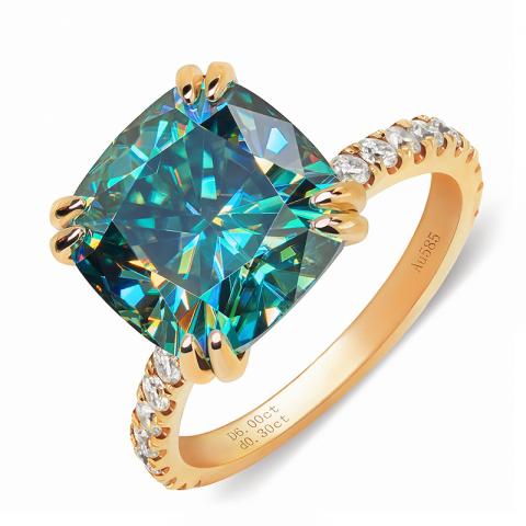 7.3CT Cushion cut Cyan Blue Color 9K/14K/18K solid Rose gold Moissanite Ring, Engagement Ring Wedding Ring