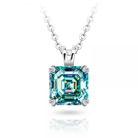 GIGAJEWE 7mm 2.0ct 925 Sterling Silver Necklace Asscher Cut Blue Green Color Moissanite Necklace , Silver Necklace