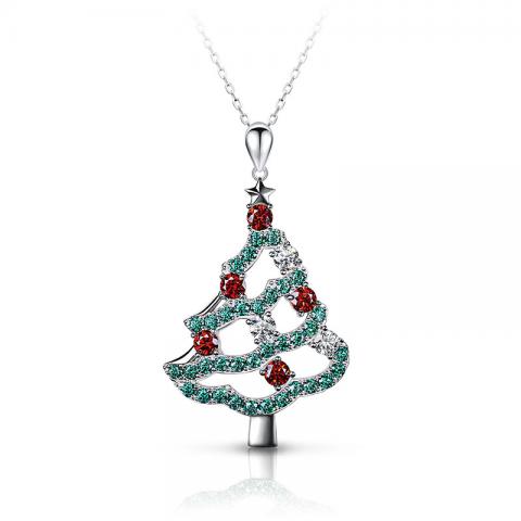 GIGAJEWE 18K Plated Gold Christmas Tree Necklace 4.0ct 4mm Round Cut Red and White Color Moissanite Necklace , 925 Sterling Silver Necklace