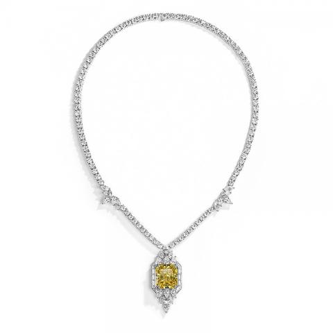 GIGAJEWE Total 53.92ct Plated 18K White Gold Necklace 14*16mm Radiant cut Natural Vivid yellow Color Moissanite Necklace ,Gold Necklace,Women Gifts